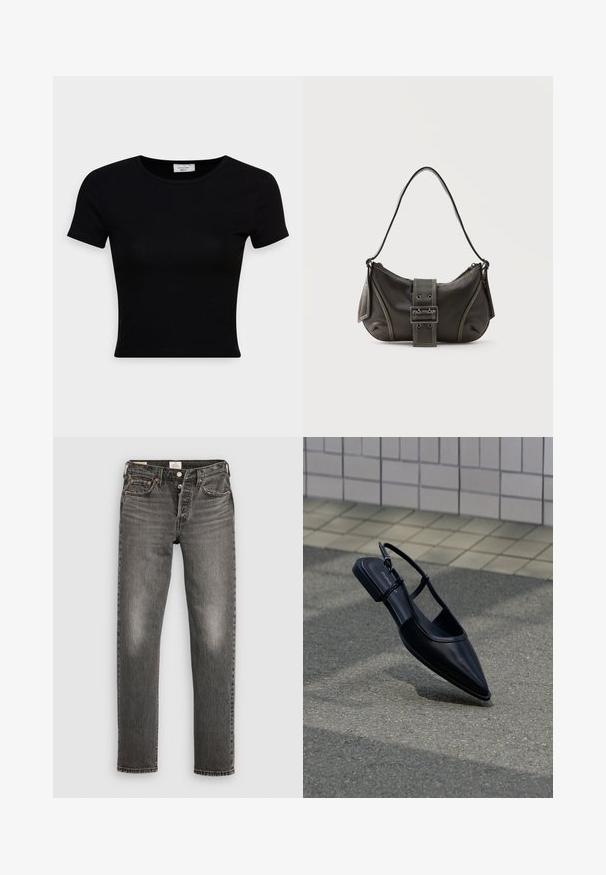 T-shirt noir à manches courtes en coton lisse, avec un col rond et une coupe ajustée. Minimaliste, sans motifs visibles.; Jean en denim gris avec une coupe droite, texture usée, décoloration subtile, rivets en cuivre et une fermeture à bouton classique.; Chaussure plate noire à bout pointu avec bride arrière, flottant au-dessus d'une surface en bitume à côté d'un trottoir carrelé.; Sac à épaule en cuir noir avec une sangle à boucle, des bords arrondis et des coutures blanches contrastées sur un fond uni.