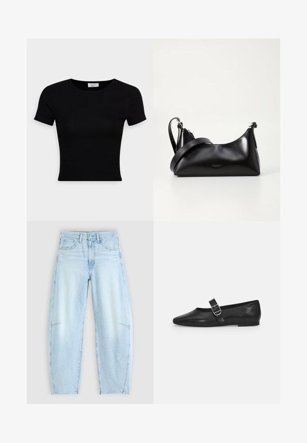 Schwarz, kurzärmliges T-Shirt aus glattem Baumwollstoff, mit rundem Ausschnitt und figurbetontem Schnitt. Minimalistisch ohne sichtbare Muster.; Hellblaue Denim-Jeans mit relaxed Fit, hoher Taille, Fünf-Taschen-Design und subtilen Ausbleichungen sowie ausgefransten Saumdetails.; Schwarzer Lederflatschuh mit runder Zehenform, einem verstellbaren Schnallenriemen und einer glatten, glänzenden Oberfläche. Minimalistisches Design mit einem niedrigen Absatz.; Schwarze lederne Handtasche mit glatter Textur. Verfügt über einen verstellbaren Riemen und ein elegantes, minimalistisches Design mit einem Reißverschluss.