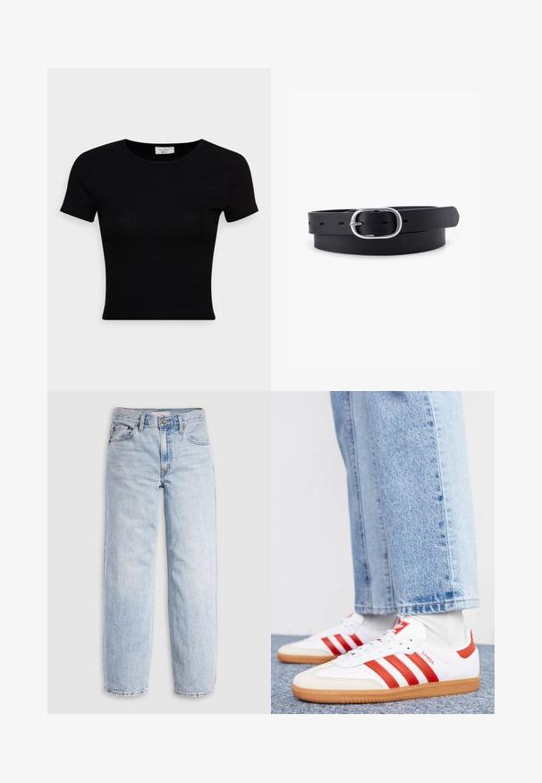 Sort kortærmet t-shirt lavet af glat bomuldsstof, med rund halsudskæring og en tætsiddende pasform. Minimalistisk uden synlige mønstre.; Lyseblå denimjeans med høj talje, afslappet pasform, lige ben og et klassisk design med fem lommer. Synlige falmede detaljer og syninger.; Hvide lædersneakers med røde striber og accenter. Har en tekstureret gummisål og polstret krave. Bæres med lyseblå denim.; Sort læderbælte med en glat overflade, oval sølvmetalspænde og flere justeringshuller langs stroppen. Flad, minimalistisk design.