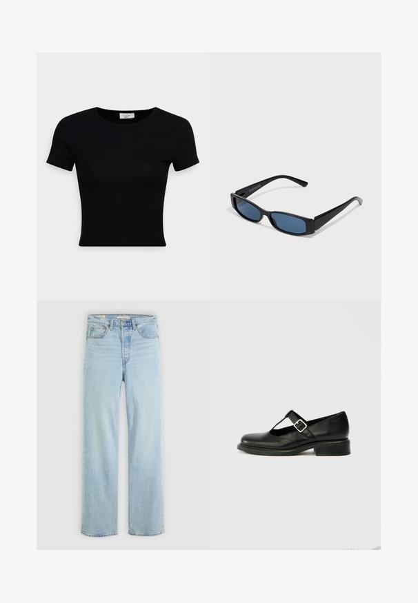 Camiseta negra de manga corta hecha de una suave tela de algodón, con un escote redondo y un diseño ajustado. Minimalista, sin patrones visibles.; Jeans de denim azul claro con corte recto, que cuentan con cinco bolsillos, un cierre de cremallera clásico y costuras visibles.; Zapato Mary Jane de cuero negro con puntera redonda, diseño de tira en T, hebilla ajustable y tacón bajo apilado. Textura suave con detalles mínimos.; Gafas de sol negras con una elegante montura rectangular y lentes azules. Presentan una textura suave y varillas resistentes. Logo de la marca en el costado.