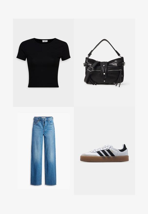 Sort kortærmet t-shirt lavet af glat bomuldsstof, med rund halsudskæring og en tætsiddende pasform. Minimalistisk uden synlige mønstre.; Blå denimjeans med høj talje, vidde ben og fem lomme-design. Har en knaplukning og en falmet finish.; Hvide lædersneakers med sorte striber, gummirubber sål, rund tå, snørelukning og blød grå ruskinds tåhætte.; Even&Odd by Zalando H24462 - Håndtasker - black