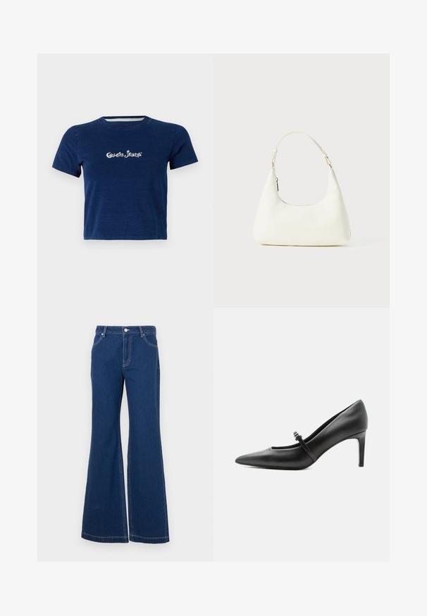 Camiseta de manga corta en azul marino, fabricada en algodón, con el logotipo de "Guess Jeans" en letras blancas en el pecho, y un escote redondo.; Jeans acampanados de un azul oscuro, fabricados en denim. Incluyen bucles para cinturón, bolsillos frontales y costuras en contraste. Apertura de pierna amplia.; Zapato de tacón alto de cuero negro con punta puntiaguda, con tira fina y hebilla sobre el empeine, sobre fondo claro y neutro.; Pequeño bolso blanco de hombro con una sola correa ajustable y un cierre de cremallera, situado sobre un fondo blanco liso.