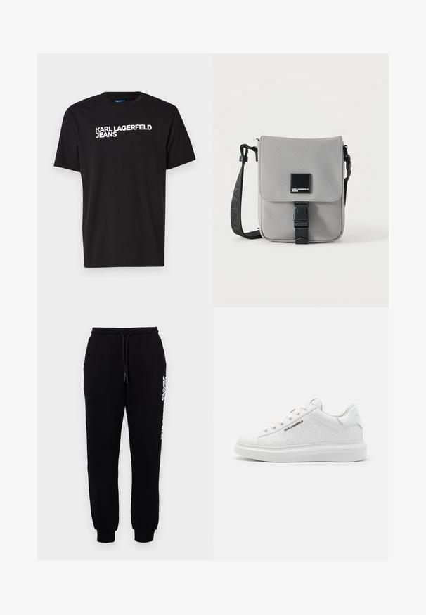T-shirt en coton noir à manches courtes et col rond, arborant le texte blanc "KARL LAGERFELD JEANS" en diagonale sur le devant.; Pantalons de survêtement noirs en tissu doux, avec une taille élastique dotée d'un cordon de serrage, des jambes fuselées et un logo sur le côté.; Baskets blanches en cuir lisse avec motif gaufré. Présentent un bout rond, un laçage à l'avant et une semelle texturée. Détail du logo argenté sur le côté.; Sac bandoulière gris avec sangle noire réglable, rabat avant sécurisé par boucle noire, avec un patch logo carré Karl Lagerfeld Jeans.