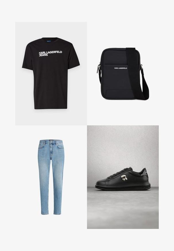 Schwarzes Baumwoll-T-Shirt mit kurzen Ärmeln und rundem Halsausschnitt, mit weißem Text "KARL LAGERFELD JEANS" diagonal über die Vorderseite.; Hellblaue Denim-Jeans mit einem lässigen Schnitt, Fünf-Taschen-Design und dezenten Abnutzungserscheinungen. Mit einem Markenpatch nahe der Taille.; Person trägt schwarze Lederhosen und schwarze Sneakers mit einem kleinen Comic-Charakter-Anhänger an der Seite, steht auf einem Holzboden.; Schwarze rechteckige Umhängetasche mit verstellbarem Riemen, Vorderfach und "KARL LAGERFELD"-Logo in weißem Text.