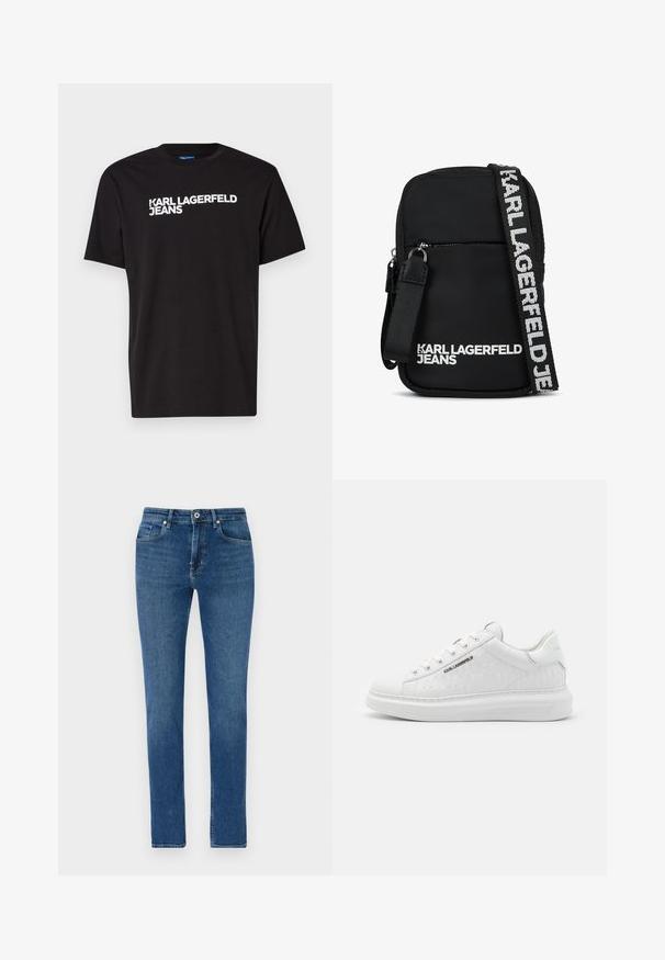 T-shirt en coton noir à manches courtes et col rond, arborant le texte blanc "KARL LAGERFELD JEANS" en diagonale sur le devant.; Jean en denim bleu foncé avec une coupe droite, cinq poches, fermeture à bouton à l'avant et détails de couture discrets. Texture lisse, sans embellissements.; Baskets blanches en cuir lisse avec motif gaufré. Présentent un bout rond, un laçage à l'avant et une semelle texturée. Détail du logo argenté sur le côté.; Sac bandoulière noir en tissu, de forme rectangulaire, avec une poche avant zippée et une sangle logo contrastante en blanc.