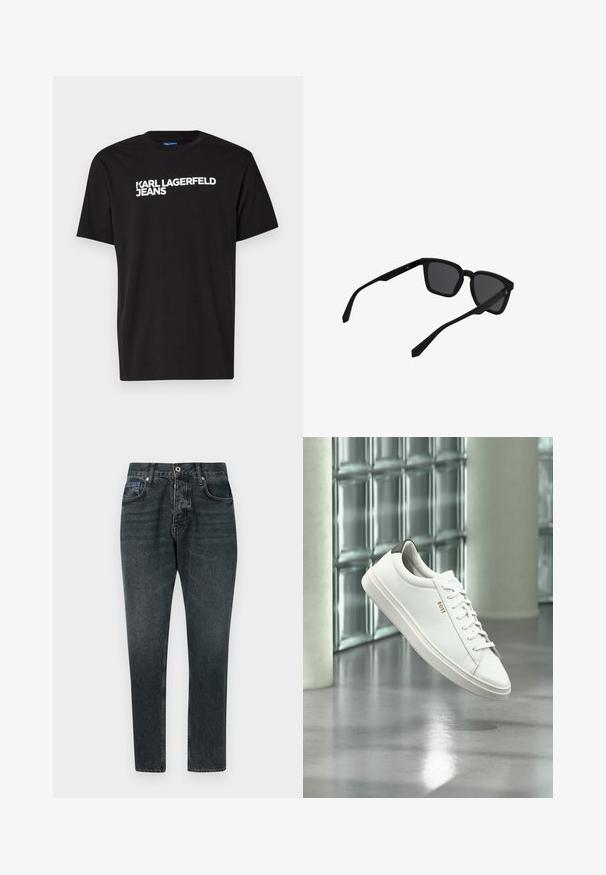 Camiseta de algodón negra con mangas cortas y escote redondo, con el texto blanco "KARL LAGERFELD JEANS" en diagonal en el frente.; Jeans de mezclilla gris oscuro con un diseño de pierna recta, cinco bolsillos, cierre de botón y un ligero desgaste. Hechos de algodón con una textura suave.; Zapatilla deportiva de piel blanca de corte bajo con cordones, lengüeta negra en el talón y logo "BOSS", flotando en interiores cerca de una pared de bloques de vidrio y suelo pulido.; Gafas de sol rectangulares negras con montura gruesa y lentes oscuras mostradas ligeramente inclinadas sobre un fondo blanco.