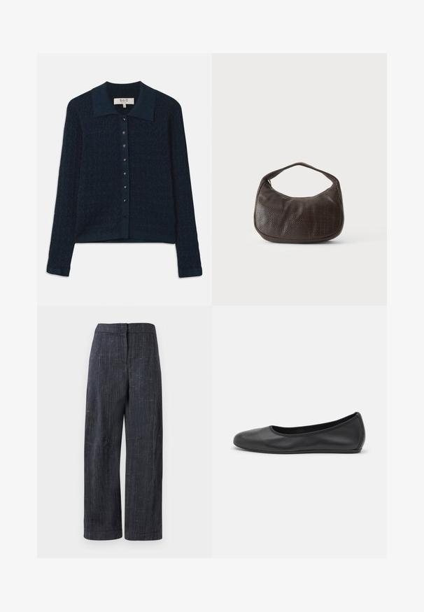 Cardigan en maille bleu marine avec un motif texturé, une fermeture à boutons à l'avant et un col contrastant. Il est doté de manches longues et d'une finition côtelée.; Pantalons larges gris foncé avec un tissage texturé subtil, taille haute et fermeture frontale dissimulée.; Ballerines en cuir noir avec un bout rond, texture lisse, détails de couture minimalistes et design de semelle flexible.; Petit sac à main marron foncé texturé avec une courte bandoulière et un fond arrondi sur un fond clair uni.