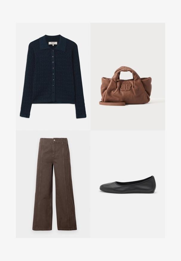 Marine gebreide cardigan met een textuurpatroon, knoopsluiting aan de voorkant en een contrasterende kraag. Beschikt over lange mouwen en een geribbelde zoom.; Bruine wijde broek gemaakt van soepel materiaal, met voren ingenaaide naden en een enkele metalen knoopsluiting op de tailleband.; Zwarte leren ballerina met een ronde neus, gladde textuur, minimale stikdetails en een flexibele zoolontwerp.; Zachte bruine leren handtas met korte handgrepen, een vooraan gestikt logo en een afneembare lange band op een effen lichte achtergrond.