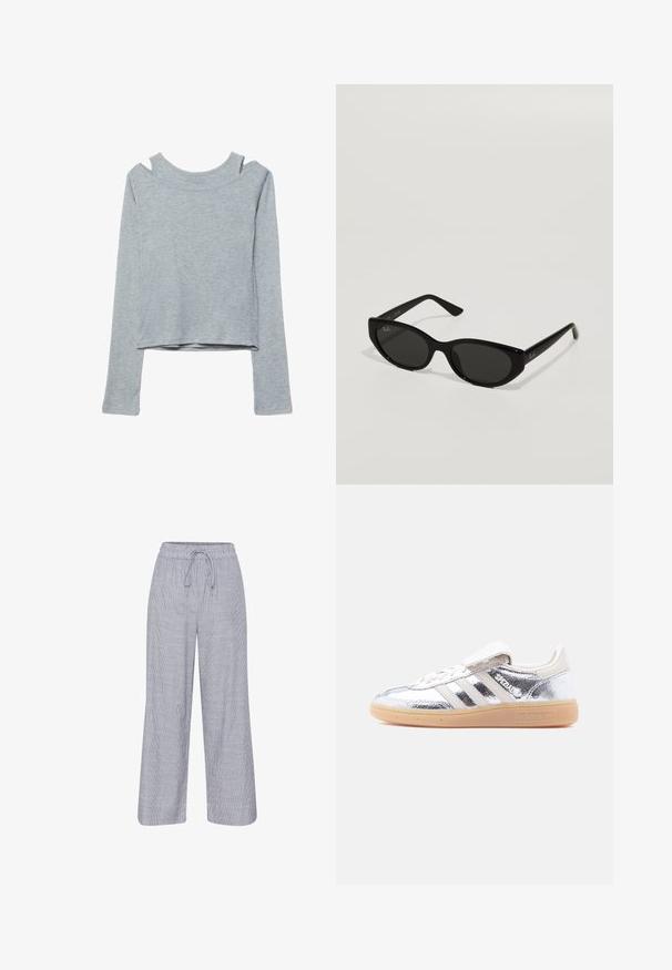 Hellgraues, geripptes Langarm-Cropped-Top mit Ausschnitt-Details am Ausschnitt und an den Schultern, flach auf weißem Hintergrund gezeigt.; Grau-weiße gestreifte, weit geschnittene Hose mit elastischem Bund und Kordelzug. Leichtes Material mit lässiger Passform.; Silberner metallic Adidas Spezial Sneaker mit weißen Streifen und Gummisohle, von der linken Seite auf einem schlichten weißen Hintergrund gezeigt.; Schwarze Sonnenbrille in schmaler Katzenaugenform. Aus glattem Kunststoff gefertigt, mit dunklen Gläsern und dezenten Logo-Akzenten an den Bügeln.
