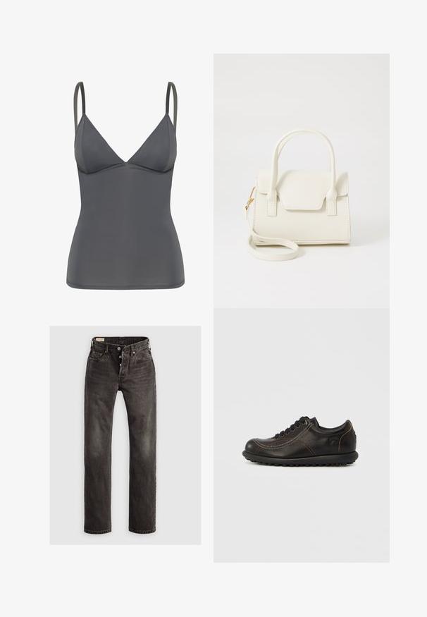 Grauer nahtloser Bralette mit verstellbaren Spaghettiträgern, einem V-Ausschnitt und glattem, dehnbarem Stoff. Minimalistisches Design, ohne Verzierungen.; Dunkelgraue gerade Jeans aus Denim, mit Knopfverschluss, Fünf-Taschen-Design und dezenten ausgewaschenen Details auf dem Stoff.; Schwarzer Leder-Schnürschuh mit kontrastierenden weißen und braunen Nähten und einer abgerundeten, strukturierten Sohle.; Kleine weiße Handtasche mit doppelten Griffen, Frontklappe und abnehmbarem Schulterriemen mit goldener Schnalle vor weißem Hintergrund.