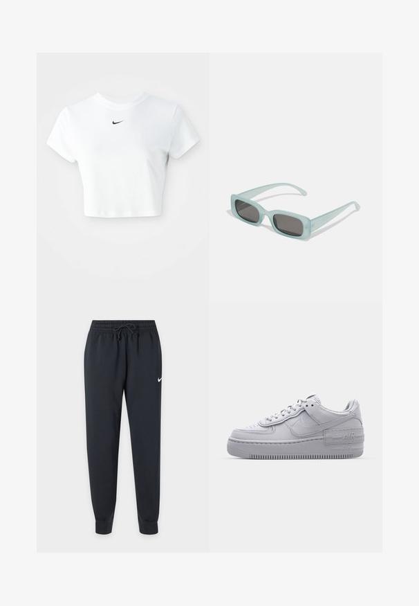 Witte cropped T-shirt van katoen, met korte mouwen en een ronde halslijn, voorzien van een zwart Nike-logo op de borst.; Zwarte Nike sweatpants met elastische tailleband en trekkoord, taps toelopende pijpen, geribbelde enkels en een kleine witte Nike-swoosh op de rechterdij.; Grijze Nike Air Force 1 sneaker met geperforeerde neus, glad leren bovenwerk, dikke zool en verhoogde 'AIR' details op de hiel.; Een paar rechthoekige zonnebrillen met lichtblauwe doorzichtige monturen en donkergrijze glazen, met rechte pootjes en minimale hardwaredetails.