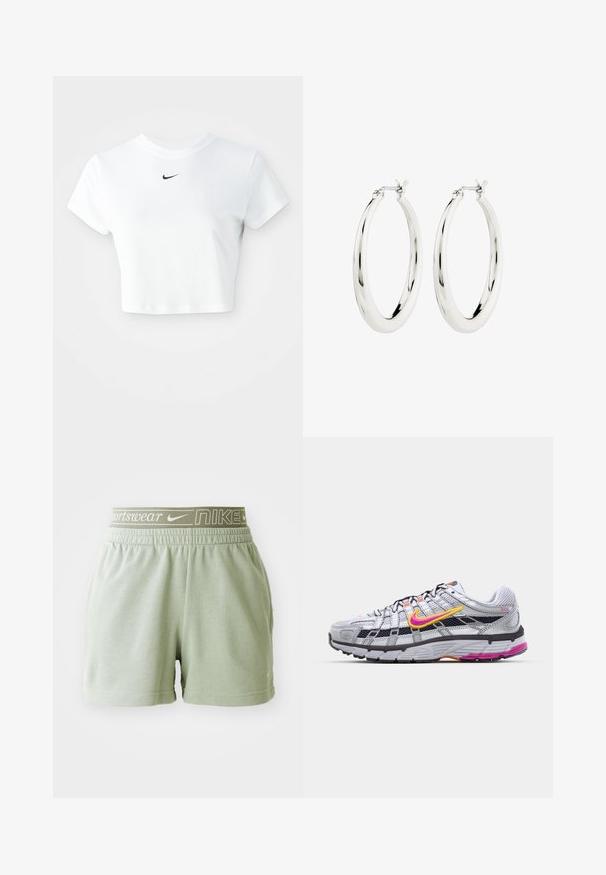 Biely skrátený tričko vyrobené z bavlny, s krátkymi rukávmi a okrúhlym výstrihom, s čiernym logom Nike na hrudi.; Svetlozelené bavlnené šortky s elastickým pásom a bielym logom Nike a textom "sportswear". Mäkká textúra, voľný strih a jednoduchý dizajn.; Šedé bežecké topánky z materiálu mesh s charakteristickým ružovým a žltým piktogramom, čiernymi akcentmi a textúrovanou gumovou podrážkou. Obsahujú zosilnenú špičku a polstrovaný golier.; Strieborné kruhové náušnice s hladkým, lesklým povrchom. Obľúbený tvar, vybavené bezpečným zapínaním. Jednoduchý a elegantný dizajn.