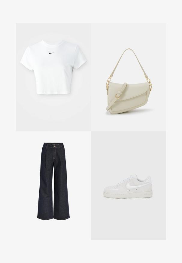 Valkoinen lyhythihainen puuvillapaita, jossa on pyöreä kaula-aukko ja musta Nike-logo rinnassa.; Tummansiniset leveälahkeiset farkut, joissa on laskokset, nappikiinnitys ja vyölenkit, esitettynä valkoista taustaa vasten.; Valkoiset mokkaiset Nike Air Force 1 -tossut, joissa on teksturoitu pinta, pyöreä kärki ja kontrastivalkoinen logokoriste, kumipohjalla.; Pieni kerma beige käsilaukku, jossa on teksturoitu pinta, pitkä säädettävä olkahihna, ketjua korostava yksityiskohta ja läppälukko. Kultaista metalliosaa.