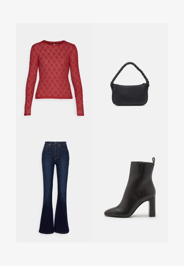 ONLY ONLBENNE - T-shirt à manches longues - biking red; Jeans évasés bleu marine en denim avec une taille haute, présentant des coutures orange contrastantes et une coupe droite du genou à l'ourlet.; Botte chelsea en cuir noir avec un bout pointu, un talon haut cylindrique et une languette à l'arrière pour un enfilage facile. Texture lisse.; Sac à main noir de forme arrondie, en matériau lisse. Équipé d'une poignée tressée et d'une fermeture éclair pour un rangement sécurisé.