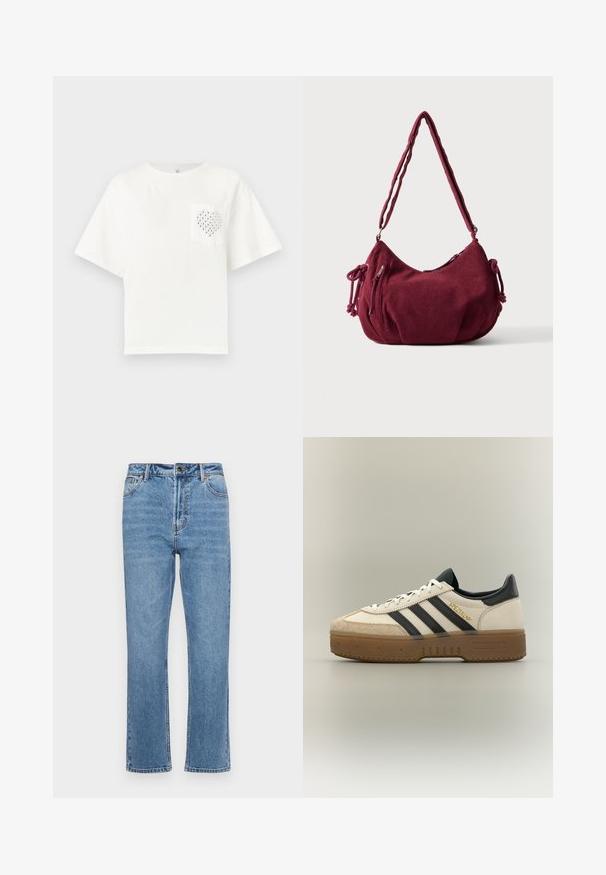T-shirt blanc à manches courtes en coton, avec une poche ornée d'un motif en cœur créé à partir de petits clous métalliques.; Jean en denim bleu clair avec une coupe droite, cinq poches, fermeture à bouton à l'avant et décoloration subtile sur le tissu.; Baskets blanches Adidas avec bandes noires, bout en daim beige, semelle marron et "SPEZIAL" en lettres dorées sur le côté.; Sac d'épaule en velours côtelé bordeaux doux avec une sangle réglable, fermeture éclair, liens latéraux et une poche avant zippée.