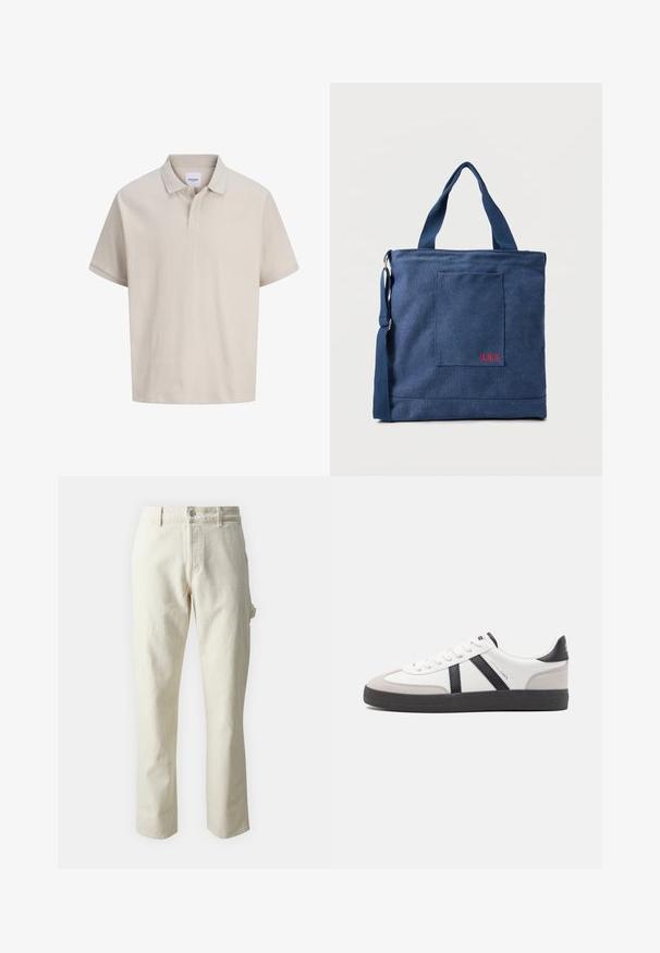 Beige kortærmet polo med subtile lodrette striber, en klassisk krave og en to-knaps stolpe.; Beige lige bukser lavet af bomuld med en blød struktur, der har en frontlukning med knap og sidelommer.; Hvide sneakers med sorte og grå detaljer, med en tekstureret grå tåhætte, sort gummisål og flade hvide snørebånd. Rent design, minimalistisk stil.; Blå lærredstote taske med frontlomme og rød "O.N.S" broderi, med to håndtag og en justerbar skulderrem.