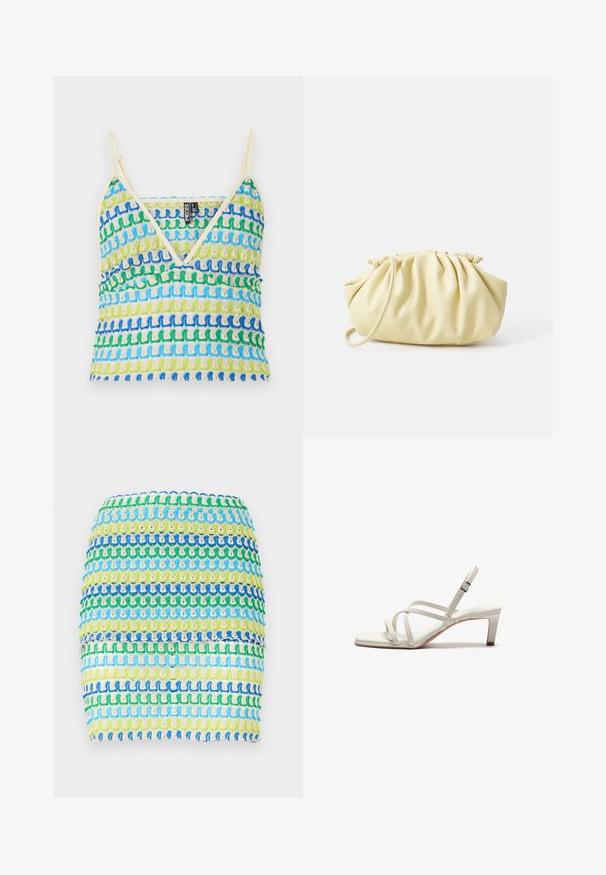 Débardeur coloré avec des motifs de vagues multicolores en bleu, vert et crème. Il présente des bretelles fines et un design en V. Texture douce.; Mini-jupe en textile avec des rayures horizontales bleues, vertes et jaunes. Le design présente une apparence tissée et texturée avec un effet superposé.; Zign by Zalando Escarpins - off white; Sac à main plissé jaune en simili cuir lisse, arborant une forme douce avec une bandoulière unique et un design froncé sur le dessus.