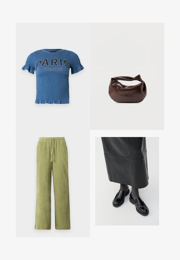 Blaues kurzärmeliges Oberteil mit Smok-Detail, Rüschen am Saum und dem Schriftzug "PARIS FRANKREICH" in schwarzen und weißen Buchstaben über der Brust.; Grüne Cord-Hosen mit weitem Bein, elastischem Bund und Kordelzug. Vertikale Rillen im Stoff schaffen Textur.; Schwarze Lederloafers mit glatter Oberfläche, verziert mit einem dekorativen Riemen, runder Zehenpartie und texturierten Sohlen. Getragen mit einem langen schwarzen Lederrock.; Dunkelbraune Lederschultertasche mit weicher, lockerer Form und einem gedrehten Knotengriff vor schlichtem weißem Hintergrund.