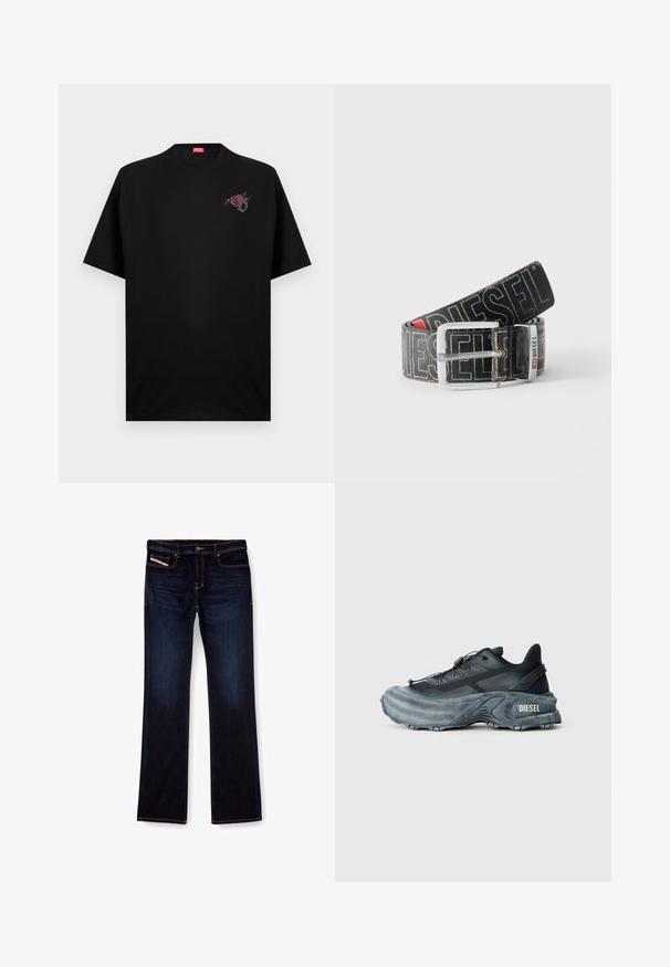 Schwarzes Diesel-T-Shirt mit kurzen Ärmeln, kleinem Blumenmotiv und Buchstabe D auf der linken Brust sowie rotem Diesel-Label im Krageninnenteil.; Dunkelblaue Jeans aus Denim mit geradem Bein, ausgestattet mit orangefarbenen Nähten, einem Reißverschluss und Vordertaschen. Glatte Textur und Standardbund.; Schwarz- und graue Diesel-Sneaker mit dicker Sohle, Schnürverschluss und strukturiertem Design auf einem schlichten hellgrauen Hintergrund.; Schwarzer Diesel-Gürtel mit großem weißen Logotext, rechteckiger silberner Schnalle und gebrandetem Metallschlaufen-Detail, aufgewickelt auf hellem Hintergrund.