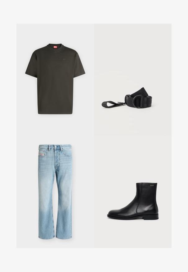T-shirt noir uni à manches courtes et col rond, avec un petit logo de la marque sur le côté gauche de la poitrine et une étiquette rouge à l'intérieur du col.; Jean en denim bleu clair avec cinq poches et une coupe droite, présenté sur un fond blanc uni.; Bottine en cuir noir à talon bas, couture latérale et petit logo "HUGO" sur le revers supérieur sur un fond uni.; Sangle noire ajustable avec boucle en D et extrémité bouclée, en tissu tissé, posée enroulée sur fond blanc.