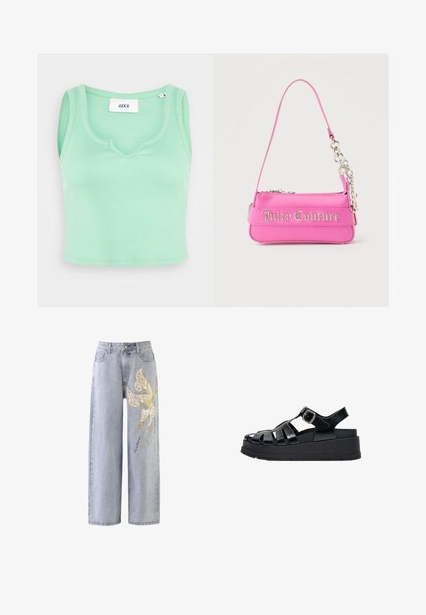 JJXX JXFINA - Top - absinthe green; Lysblå vidde jeans med et sommerfuglemotiv i guld- og elfenbensbroderi, prydet med dekorative syninger.; Sort platformsandal med flere remme, en sølvspænde og en tyk sål, designet til afslappet brug.; Lille lys pink Juicy Couture håndtaske med sølvkædedetalje og logotekst på forsiden, enkelt smalt skulderrem.