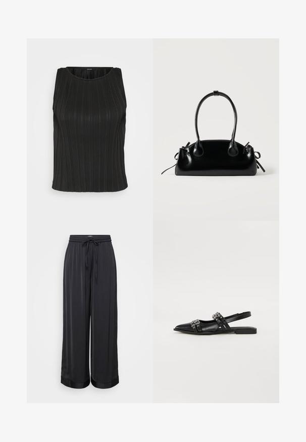 Top negro sin mangas con textura de canalé vertical, cuello redondo y forma ajustada. La tela parece suave con un ligero brillo.; Pantalones anchos negros hechos de una tela suave, con una cintura elástica y cordones, y una textura ligeramente brillante.; Even&Odd by Zalando Bailarinas con tira trasera - black; Pequeño bolso negro brillante con dos asas largas y detalles de cordón lateral sobre un fondo claro liso.
