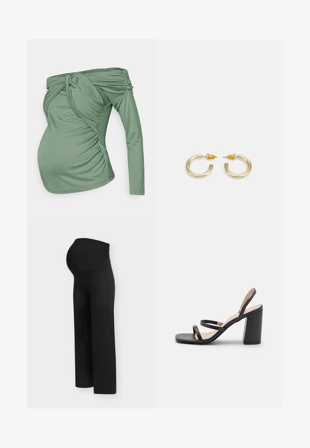 Haut vert à épaules dénudées en tissu doux. Présente des détails froncés et une manche longue d'un côté, créant un design asymétrique.; Pantalon de maternité noir avec une taille haute et extensible conçue pour soutenir un ventre de femme enceinte, présenté sur un fond clair uni.; RAID LIBRA - Bottes - black; Boucles d'oreilles en métal doré en forme d'anneau, avec une finition lisse et arrondie. Elles possèdent des accents orange à l'arrière pour un maintien sécurisé.