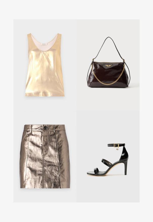 Top sin mangas de color dorado metálico con un escote profundo. Textura suave, diseño ajustado y un forro interior suave.; Falda mini de denim bronce metálico con corte recto, bolsillos frontales y una cintura con cierre de botón. Textura suave y brillante.; Sandalia de charol negro con tres correas, hebilla en el tobillo y tacón de aguja de 10 cm. Presenta detalles de hardware en oro y un charm con el logo.; Bolso de mano de cuero marrón oscuro brillante con un emblema de ala dorada, detalle de cadena dorada y una fina correa de cuero para el hombro sobre un fondo liso.