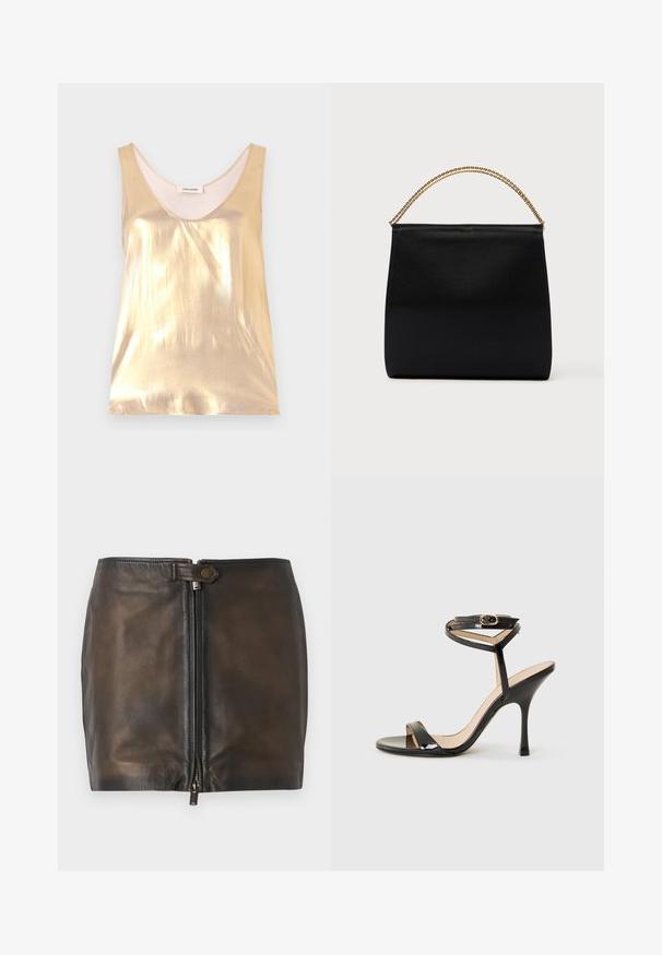 Top sin mangas de color dorado metálico con un escote profundo. Textura suave, diseño ajustado y un forro interior suave.; Minifalda de cuero negro con cierre de cremallera frontal, textura suave y una cinturilla estrecha. Presenta un pequeño acento metálico en la cinturilla.; Sandalia de tacón alto de charol negro con tira delgada en el tobillo y hebilla, punta abierta y tacón aguja esbelto sobre fondo blanco.; Bolso negro de tela suave, con forma estructurada, asa de cadena dorada y diseño geométrico minimalista.