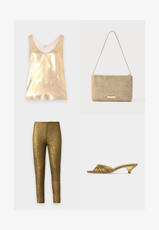Metalen gouden mouwloze top met een diepe ronde halslijn. Gladde textuur, aansluitend ontwerp en een zachte binnenvoering.; Gouden metallic legging met een getextureerd, verticaal streep patroon. De stof heeft een glanzende afwerking en een slanke, aansluitende pasvorm.; Gouden mule met open teen, lage kittenhak en knoopdesign op een effen witte achtergrond.; Gouden clutch met een rechthoekige vorm, bedekt met glanzende, zilveren strass-steentjes. Voorzien van een dunne metalen schouderriem en een ritssluiting.