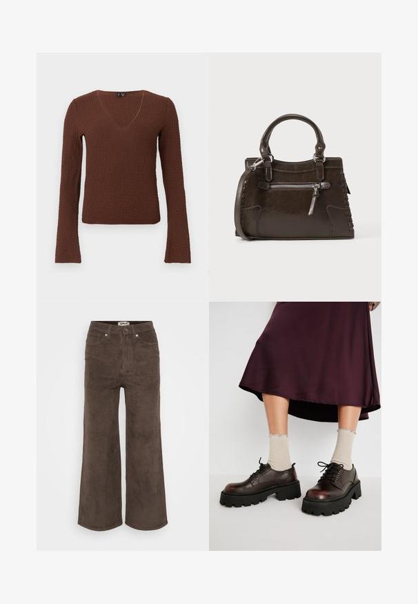 Brauner, langärmeliger strukturierter Strickpullover mit V-Ausschnitt und leicht ausgestellten Bündchen, dargestellt vor einem schlichten weißen Hintergrund.; Braune Corduroy-Hosen mit weitem Bein und gerippter Textur, fünf Taschen und vorderem Knopfverschluss. Mit einem Etikett am Bund.; Braune Leder-Plateauschuhe mit klobigen schwarzen Sohlen, kombiniert mit gerippten beigen Socken mit gewellten Kanten, vor einem gedämpften Hintergrund.; Braune Lederhandtasche mit oberen Griffen, Reißverschluss-Vordertasche und gewebten Details an den Seiten. Glatte Textur und strukturierte Form.