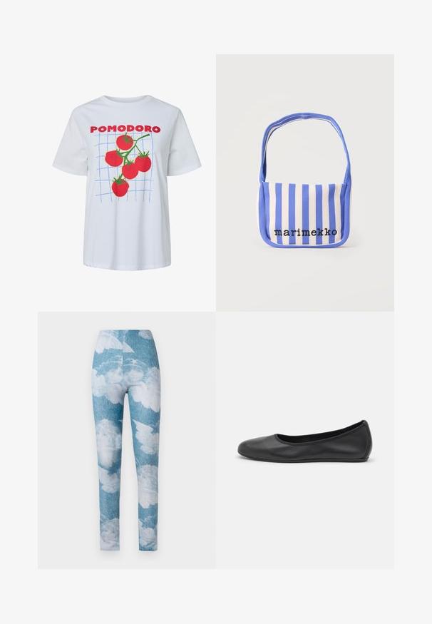 Hvid T-shirt med "POMODORO" i rød tekst, et blåt gitter og en klynge af fem røde tomater med grønne stilke trykt foran.; Leggings med en blå denim baggrund og hvide sky mønstre. Stoffet synes strækbart med en tætsiddende design og ankel længde.; Sort læderballetsko med rund tå, glat tekstur, minimal syning og et fleksibelt såldesign.; Blå og hvide lodrette stribede skuldertaske af stof med teksten "marimekko" broderet i sort på forsiden.