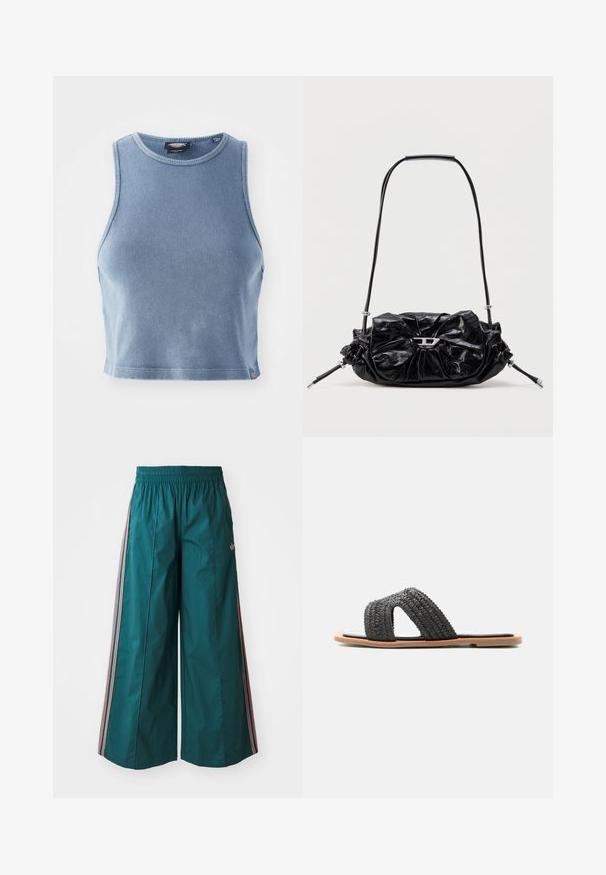 Svetlomodrý rebrovaný crop top s okrúhlym výstrihom a bezrukávovým dizajnom. Hladká textúra a malé logo na leme.; Tyrkysové široké nohavice s elastickým pásom, s pruhovanými akcentmi v ružovej a bielej farbe na bokoch, vyrobené z ľahkej látky.; Čierna tkaná šľapka s dvoma širokými krížovými prackami a plochou svetlohnedou podrážkou na bielom pozadí.; Čierna kožená kabelka s nariaseným dizajnom a mašľovým detailom na prednej strane. Má krátku rúčku a strieborné kovové doplnky.