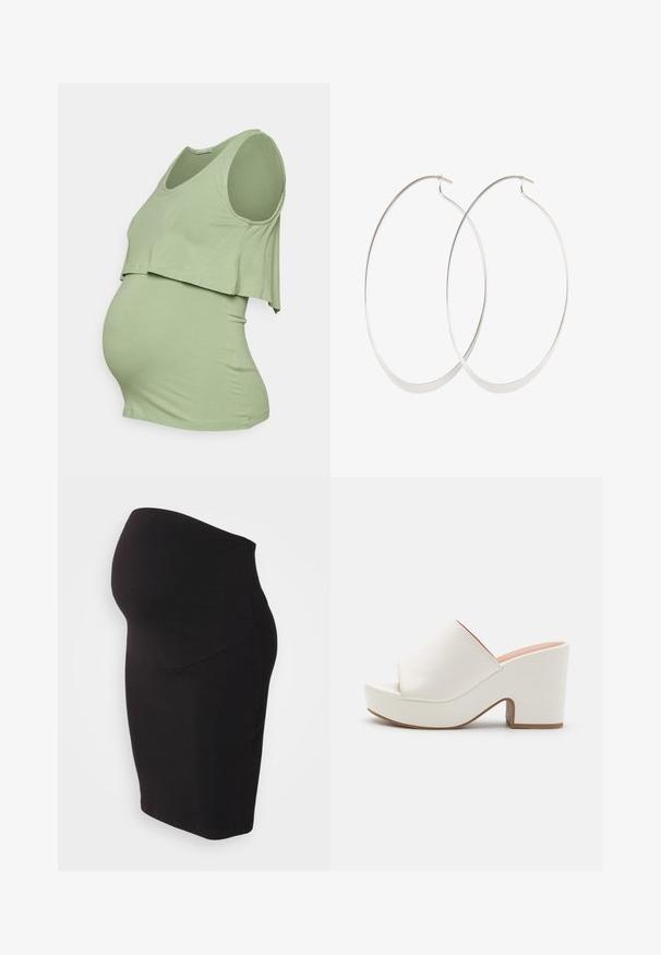 Anna Field MAMA by Zalando Top - green; Čierna materská sukňa vyrobená z mäkkej, elastickej látky. Má vysoký pás pre pohodlie a priliehavý strih, ktorý sa prispôsobuje telu.; Biele platformové muly s hladkým povrchom, otvorenou špičkou a masívnym podpätkom. Obsahujú jemný horný šev a kontrastnú podrážku.; Strieborné kruhové náušnice s tenkým, hladkým dizajnom; predĺžený oválny tvar; lesklý povrch; majú bezpečné uzatváranie na háčik.