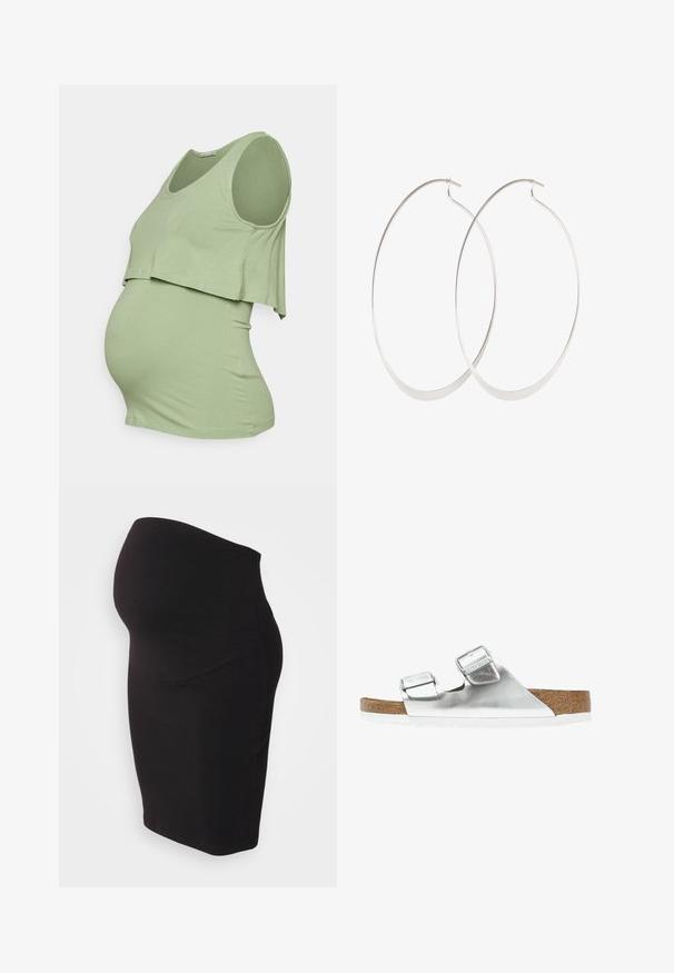 Anna Field MAMA by Zalando Top - green; Falda de maternidad negra hecha de un tejido suave y elástico. Presenta un panel de cintura alta para mayor comodidad y un diseño ajustado que se adapta al cuerpo.; Sandalia metálica plateada con dos correas ajustables, planta de corcho y suela blanca. Superficie superior suave con un acabado brillante.; Pendientes de aro plateados con un diseño delgado y suave; forma ovalada alargada; acabado pulido; presentan un cierre de gancho seguro.