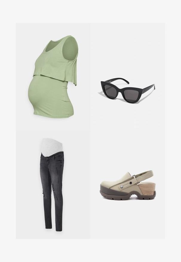 Anna Field MAMA by Zalando Débardeur - green; Jeans de maternité en denim gris foncé avec une taille élastique, présentant des détails déchirés et une coupe slim.; Sabot beige à bout fermé avec bride réglable à la cheville, semelle épaisse marron à crampons et talon bloc à texture bois.; Lunettes de soleil noires en forme d'œil de chat avec une finition mate, dotées de verres teintés gris, d'angles aigus et de branches élégantes. Nom de la marque visible sur la branche intérieure.