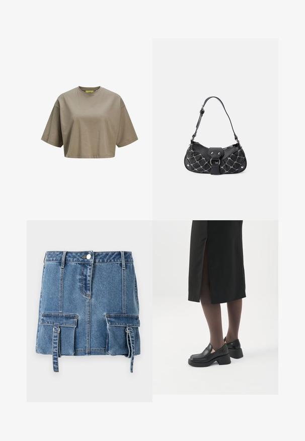 Bruine cropped t-shirt gemaakt van zachte katoen, met een ronde halslijn en korte mouwen. Soepele textuur met subtiele stiksels.; Lichtblauwe denim minirok met een hoge taille, voorste knoopsluiting en twee voorzakken met verstelbare bandjes.; Vrouw met zwarte loafers met grove hak, zwarte doorschijnende panty's en een zwarte rok met een split aan de achterkant op een witte achtergrond.; Zwarte handtas met een gekruist textuur, voorzien van zilveren hardware, een gebogen vorm en een enkele verstelbare hengsel. Ritssluiting aan de bovenkant.