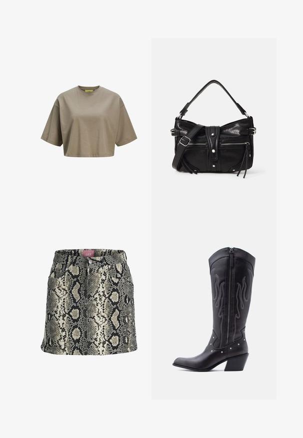 Brun cropped t-shirt lavet af blødt bomuld, med rund halsudskæring og korte ærmer. Glat tekstur med diskrete sydetaljer.; Sort, beige og hvid A-formet mininederdel i faux slangeskind med lommer foran og en knaplukning i taljen.; Sorte cowboystøvler i læder med spids tå, synlige sømme, sølvfarvede nitte-detaljer og lynlås på den indvendige side.; Even&Odd H24462 - Håndtasker - black