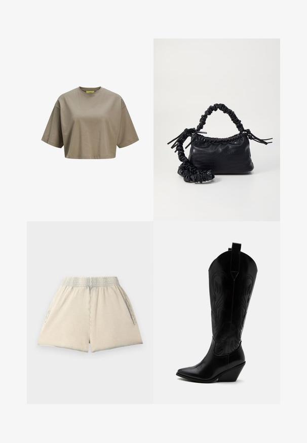 Ruskea lyhythihainen cropped-paita, joka on valmistettu pehmeästä puuvillasta. Pyöreä pääntie ja lyhyet hihat. Sujuva pinta, jossa on hienovaraisia ompelutietoja.; Vaaleanbeige puuvillashortsit, joissa on joustava vyötärö, kaksi sivutaskua ja väljä malli. Kankaan pinta on pehmeä ja malli rento.; Musta nahkainen cowboy-saapas, jossa on kärkiosassa kärki, viistottu lohkokorko, koristeompeleet ja vetonauhat yläosassa valkoista taustaa vasten.; Must-have mustekahvi nahkalaukku krokotiiliaistalla, kiristetty yläosa ja rypistetty hihna. Näyttää pehmeältä ja kompaktilta muotoilultaan.