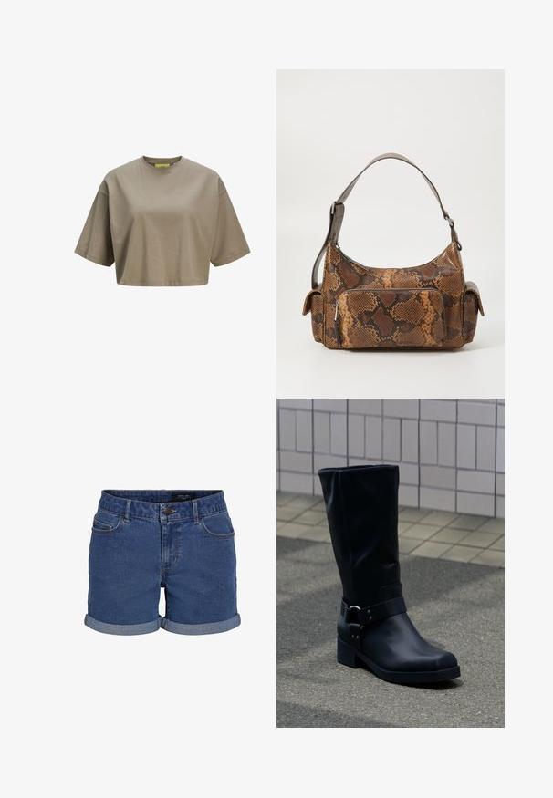 Bruine cropped t-shirt gemaakt van zachte katoen, met een ronde halslijn en korte mouwen. Soepele textuur met subtiele stiksels.; Denim shorts in donkerblauw met een klassieke snit. Beschikt over opgerolde zomen, twee voorzakken en een knoopsluiting. Glad textuur.; Zwarte leren kuitlaars met een lage blokhak en een decoratieve riem met metalen gesp rond de enkel, op een betegeld trottoir.; Bruine handtas met slangenprint, voorzien van een gestructureerd oppervlak, een gebogen ontwerp, een enkele schouderband en één voorzijde ritsvak.