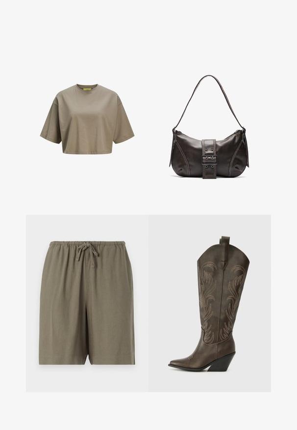 Braunes, cropped T-Shirt aus weicher Baumwolle, mit Rundhalsausschnitt und kurzen Ärmeln. Glatte Textur mit dezenten Stichdetails.; Khaki-Shorts aus leichtem Stoff. Mit elastischem Bund und Kordelzug sowie einer komfortablen Passform. Schlichtes, einfarbiges Design.; Braune Leder-Cowboystiefel mit einer spitzen Zehe, Wedge-Absatz und dekorativer Stickerei. Besitzt einen hohen Schaft und eine Zuglasche.; Braune Lederumhängetasche mit gebogener Form, die mit einem auffälligen Schnallendetail, kontrastierenden Nähten und einem einzigen Schulterriemen ausgestattet ist.