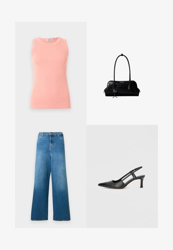 Débardeur rose côtelé sans manches avec col rond et étiquette Drykorn à l'arrière du col, présenté sur un fond clair uni.; Jean bleu à jambes larges en denim. Caractérisé par une taille haute avec passants pour ceinture et une fermeture éclair à l'avant. Texture délavée avec des détails subtils de whiskering.; Chaussure à bride arrière en cuir noir avec bout pointu, dotée d'un accent brillant sur le bout et d'un talon de hauteur moyenne. Design latéral ouvert.; Sac à épaule en cuir noir à texture crocodile, avec de longues sangles et un petit charm logo argenté sur une sangle.