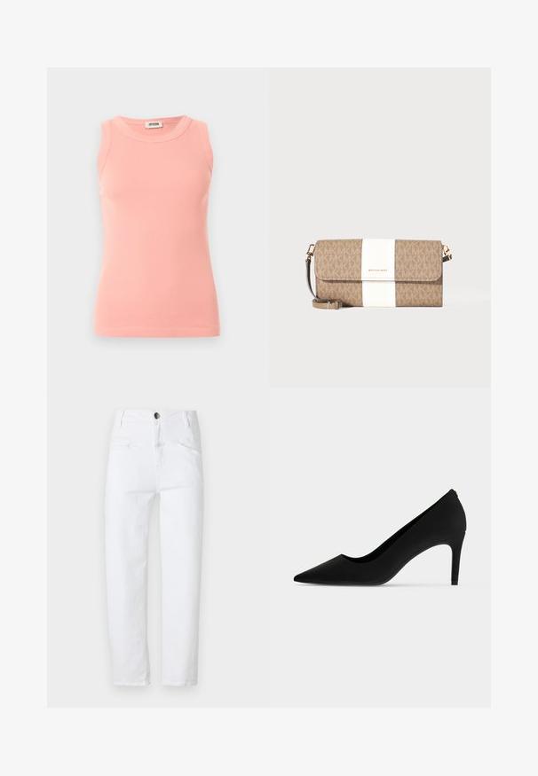 Ärmelloses, geripptes pinkfarbenes Tanktop mit Rundhalsausschnitt und Drykorn-Etikett am hinteren Kragen, präsentiert auf hellem einfarbigem Hintergrund.; Weiße Jeans mit hoher Taille, geradem Schnitt, zwei vorderen Taschen und einer hinteren Tasche. Verfügt über einen Metallknopf und einen Reißverschluss.; Schwarzer High-Heel-Schuh mit spitzer Spitze, schlankem Absatz und matter, glatter Oberfläche, seitlich auf weißem Hintergrund gezeigt.; Braune und beige Michael Kors Clutch mit weißem vertikalem Streifen, goldenem Logo und abnehmbarem Handgelenksriemen vor einfachem Hintergrund.
