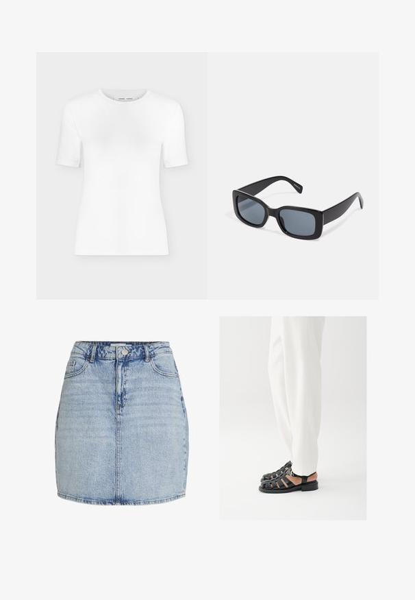 Camiseta blanca de manga corta con cuello redondo, ajuste slim y textura de tejido acanalado, mostrada sobre un fondo liso gris claro.; Mini falda de mezclilla azul claro con cierre frontal de botones y cremallera, trabillas para cinturón y bolsillos delanteros.; Persona con pantalones blancos y sandalias negras de cuero con punta abierta y hebilla, de pie sobre un fondo blanco.; Gafas de sol rectangulares negras con lentes oscuros, montura de plástico grueso y patillas anchas. Superficie lisa y diseño anguloso.
