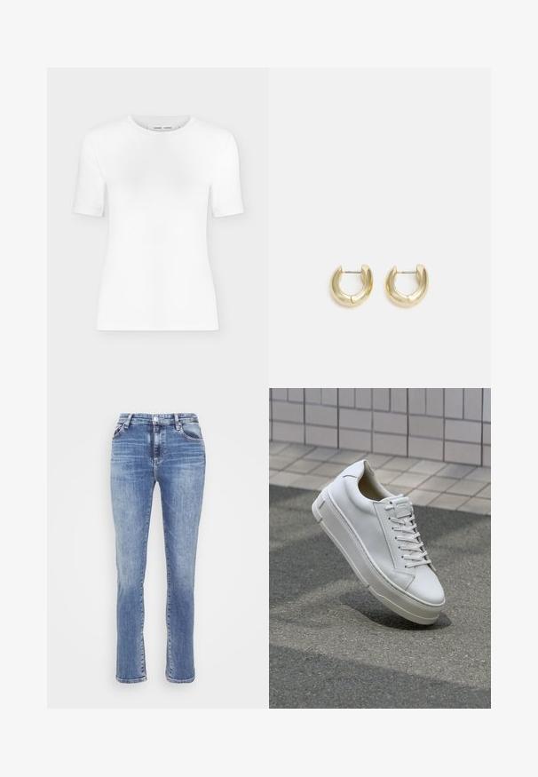 Hvid T-shirt med rund hals, korte ærmer, slank pasform og ribbet stofstruktur, vist på en ensfarvet lys grå baggrund.; AG Jeans MARI - Jeans Slim Fit - blue; Hvide lædersneakers med lavt design, flade snører, rund tå og strukturerede sider. Tyk gummisål med diskrete detaljer.; Guld-tone hoop øreringe med en glat, poleret overflade. Har en halvcirkelform og en sikker stiftlukning.