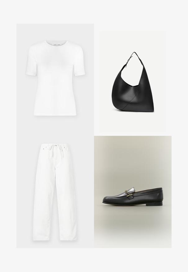 Wit T-shirt met korte mouwen en een ronde hals, een slanke pasvorm en geribbelde stof, weergegeven op een effen lichtgrijze achtergrond.; Witte, wijde broek van denim met een trekkoord in de taille en twee voorkruiden, met een gladde textuur en een schoon ontwerp.; Zwarte leren loafer met zilveren bovenkant, gouden kettingdetail, lage hak en afgeronde neus op een neutrale achtergrond.; Zwarte leren schoudertas met gebogen driehoekige vorm, enkele verstelbare riem en zichtbare diagonale naad aan de voorkant.