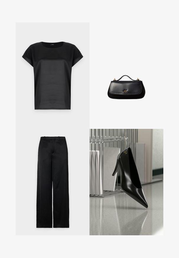 T-shirt noir en tissu lisse, avec un col rond et des manches courtes retroussées. Design simple sans motifs ni embellissements.; Pantalons larges noirs en tissu léger et texturé. Dotés d'une taille lisse avec des passants de ceinture et d'une silhouette droite et fluide.; Chaussure noire à talon haut avec bout pointu et logo doré, posée sur une surface réfléchissante près d'un organiseur de dossiers en fil chromé contenant des documents.; Sac à main en cuir noir avec une petite poignée, logo "cK" doré sur le rabat avant, et accessoires dorés.