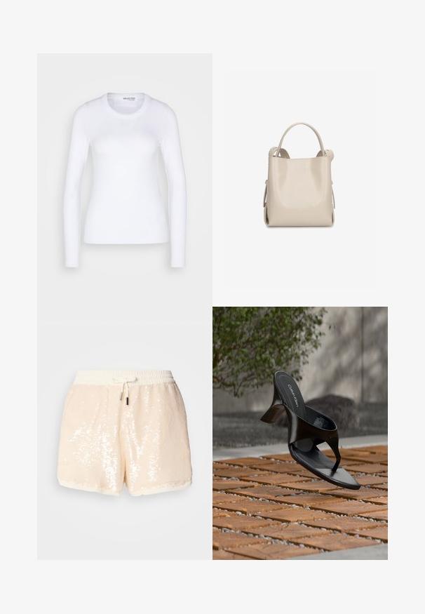 Selected SLFDIANNA O NECK - T-shirt à manches longues - bright white; Shorts en sequins beige clair avec une taille élastique et un cordon de serrage. Dotés d'une doublure douce et d'une texture lisse. Les détails incluent des sequins brillants.; Sandale à talon noire Calvin Klein en forme de tongs flottant au-dessus d'une surface extérieure carrelée avec de la verdure et un mur en béton en arrière-plan.; Petit sac à main en cuir beige avec une seule poignée supérieure et une finition structurée et brillante, montré de face sur fond blanc.