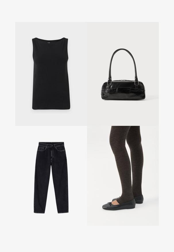 Zwarte mouwloze top van zachte stof. Beschikt over een brede halslijn en een rechte zoom. Eenvoudig ontwerp zonder extra patronen of versieringen.; Zwarte jeans met hoge taille en rechte pijpen, voorzien van knopen aan de voorkant, rits, riemlussen en vijf zakken, afgebeeld tegen een witte achtergrond.; Benen met donkere geribbelde leggings gecombineerd met zwarte ballerina's met kleine strikdetails op een witte achtergrond.; Zwarte leren handtas met een rechthoekige vorm, voorzien van een enkele gestructureerde handgreep, zilveren hardware en ritsluiting. Gladde textuur.