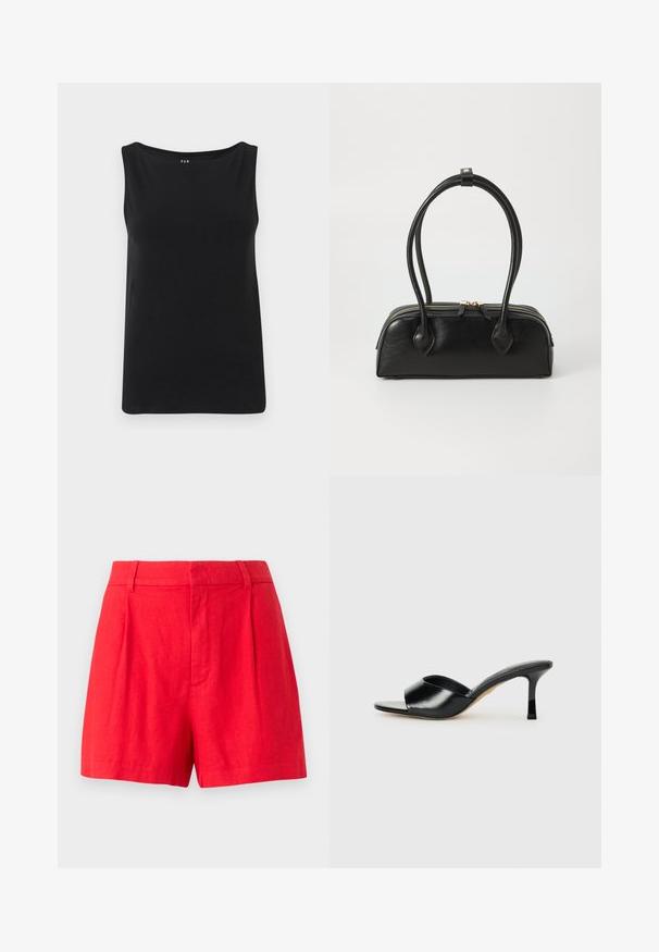 Top sans manches noir en tissu doux. Présente un large col et un ourlet droit. Design simple sans motifs ni embellissements supplémentaires.; Shorts en lin rouge avec une coupe soignée, featuring des plis, une texture lisse et une taille mi-haute.; Mules à talons hauts en cuir noir avec un design à bout ouvert et une large sangle supérieure incurvée. Texture lisse et silhouette élégante.; Sac à main en cuir noir avec deux anses allongées, fermeture éclair et forme arrondie ; texture lisse avec une finition légèrement brillante.